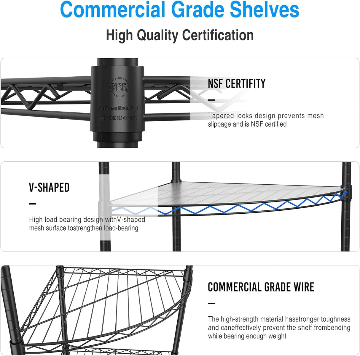 Corner Shelf Wire Shelving Unit, 6 Tier NSF Metal 420lbs Capacity Heavy Duty Adjustable Storage Rack with Shelf Liners for Closet Kitchen Bathroom Garage Basement, 72" H x 18" L x 18" D - Black pouseayar