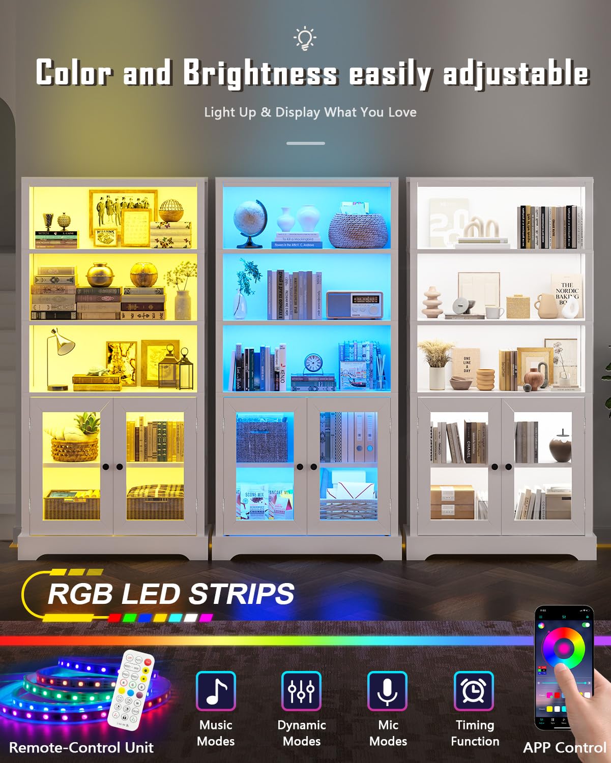 TVU 5-Tier Bookshelf, 65" Bookshelf with Multi-Color Ambient Lights (APP Remote Control), Tall Vertical Display Shelf with Cabinet Doors, Suitable for Living Room, Bedroom, Study, Office, White TVU