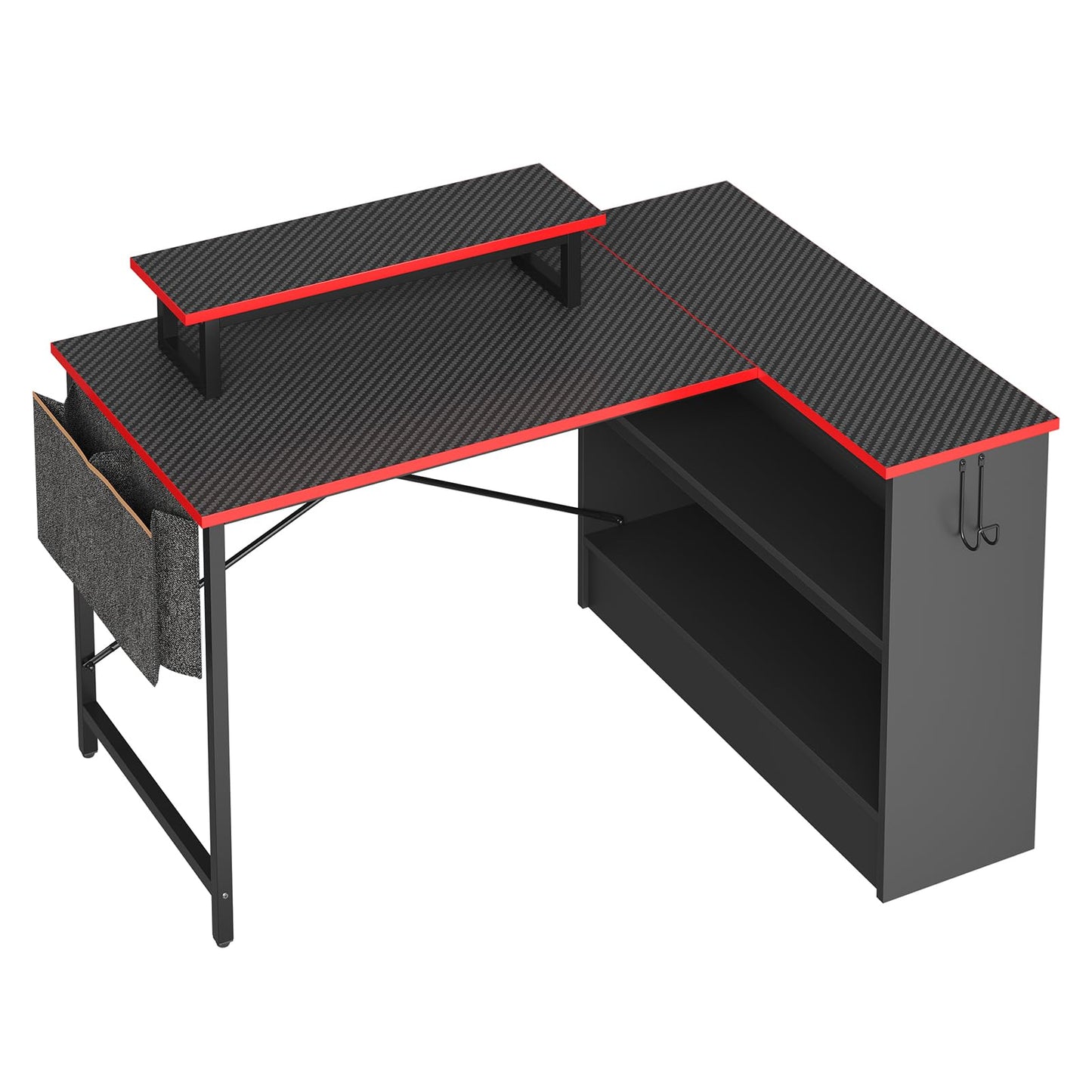 Bestier Small L Shaped Gaming Desk with LED Lights, 42 Inch Computer Desk with Monitor Stand, Open Storage Cabinet & Side Storage Bag, Corner Desk with Hooks for Bedroom Home Office