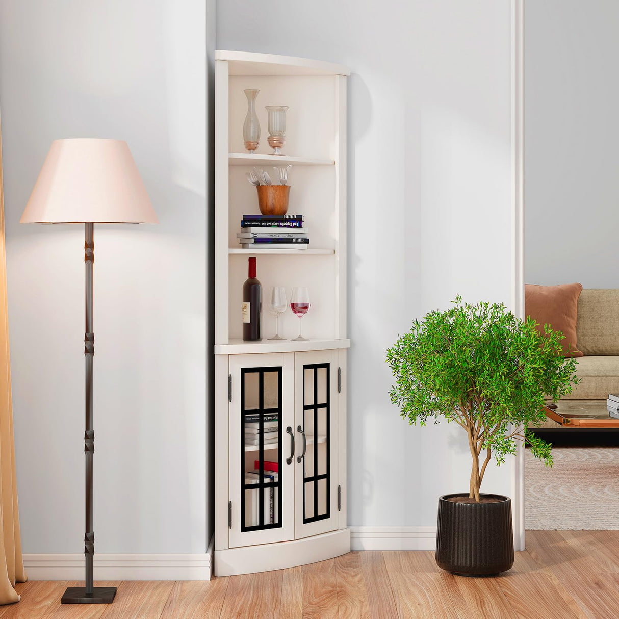 AMERLIFE Curved Corner Storage Cabinet, 65" Tall Freestanding Bookcase with Glass Doors & Adjustable Shelves, 5-Tier Corner Display Cabinet for Living Room, Bathroom, Distressed White AMERLIFE