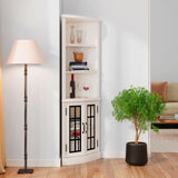 AMERLIFE Curved Corner Storage Cabinet, 65" Tall Freestanding Bookcase with Glass Doors & Adjustable Shelves, 5-Tier Corner Display Cabinet for Living Room, Bathroom, Distressed White AMERLIFE