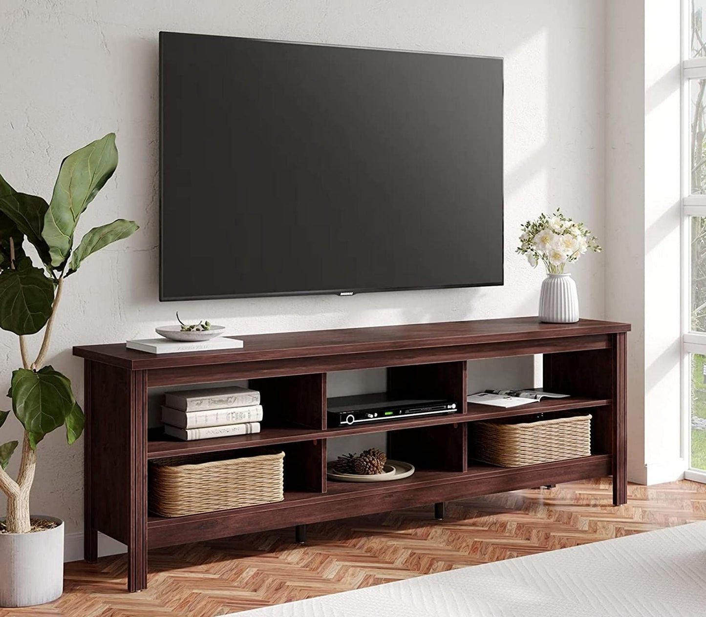 FITUEYES 70 Inch TV Stand for 75+ inch TV, Wood Entertainment Center with 6 Storage Shelf, Classic TV Console Table Media Table for Living Room & Bedroom, Brown