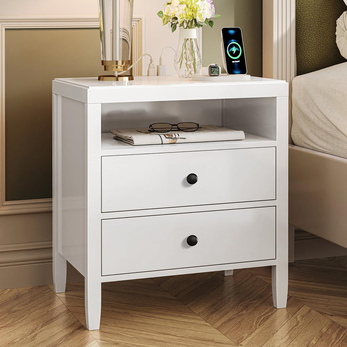 Huuger White Nightstand Set of 2, Night Stand with Charger Station, Bedside Table with 2 Drawers, Bed Side Tables for Bedroom, Modern Nightstands, Metal Knobs, Painted Surface Huuger