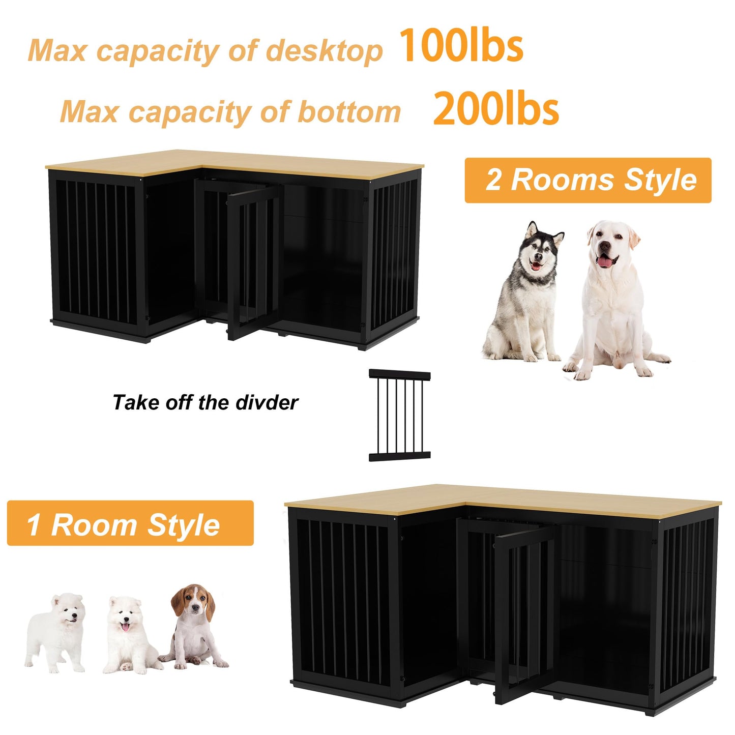 Lovinouse Corner Dog Crate Furniture for 2 Dogs, Indoor Wooden Furniture Style Heavy Duty Large Dog Kennel House with Double Rooms & Divider for Large & Medium Dogs, Black - WoodArtSupply