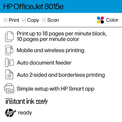 HP OfficeJet 8015e Wireless Color All-in-One Printer, 3 months of Instant Ink included