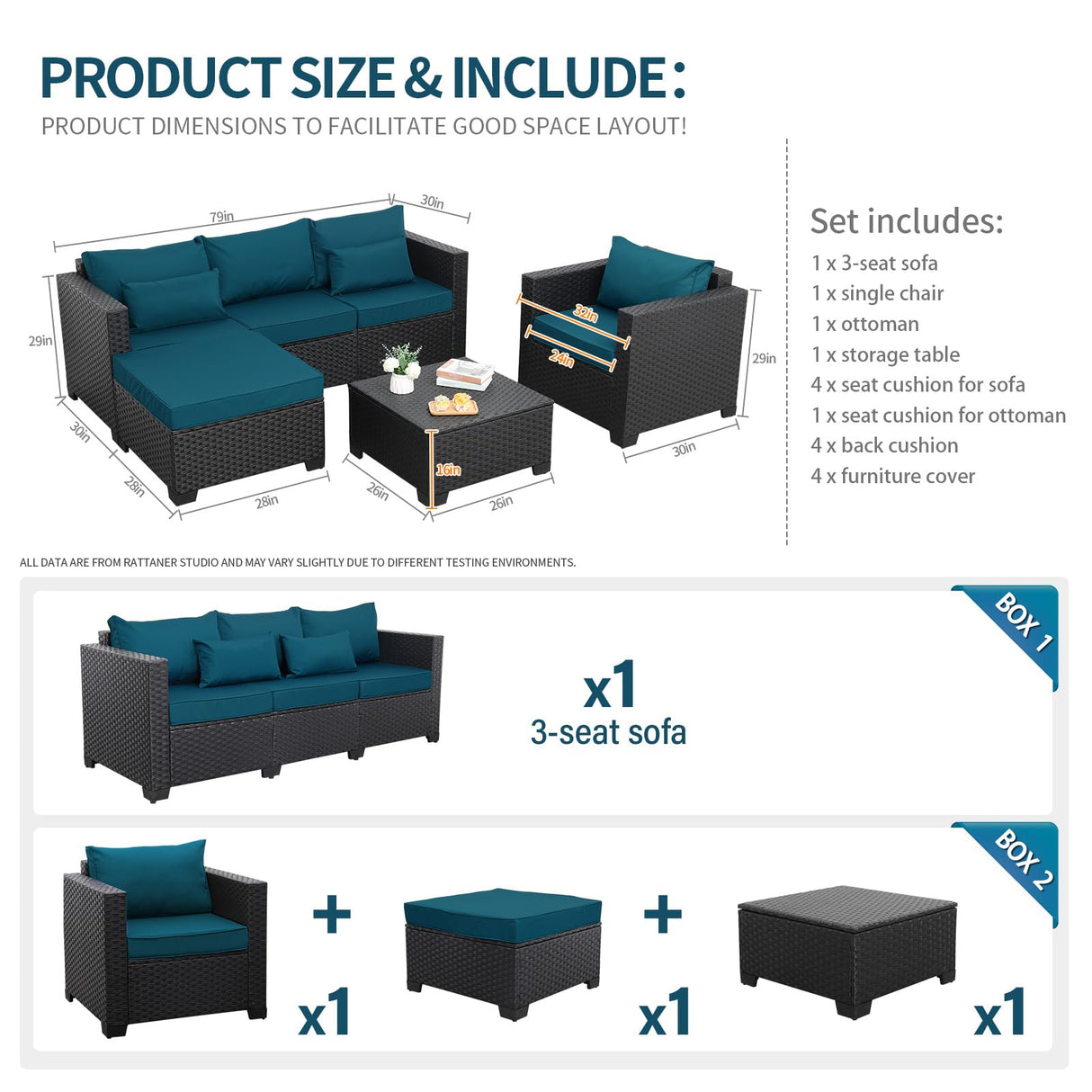 Rattaner 4 PCS Patio Furniture Set Outdoor Sectional Wicker Patio Furniture Patio Couch with Chair and Outdoor Storage Table All-Weather Non-Slip Cushions Waterproof Covers, Peacock Blue Rattaner