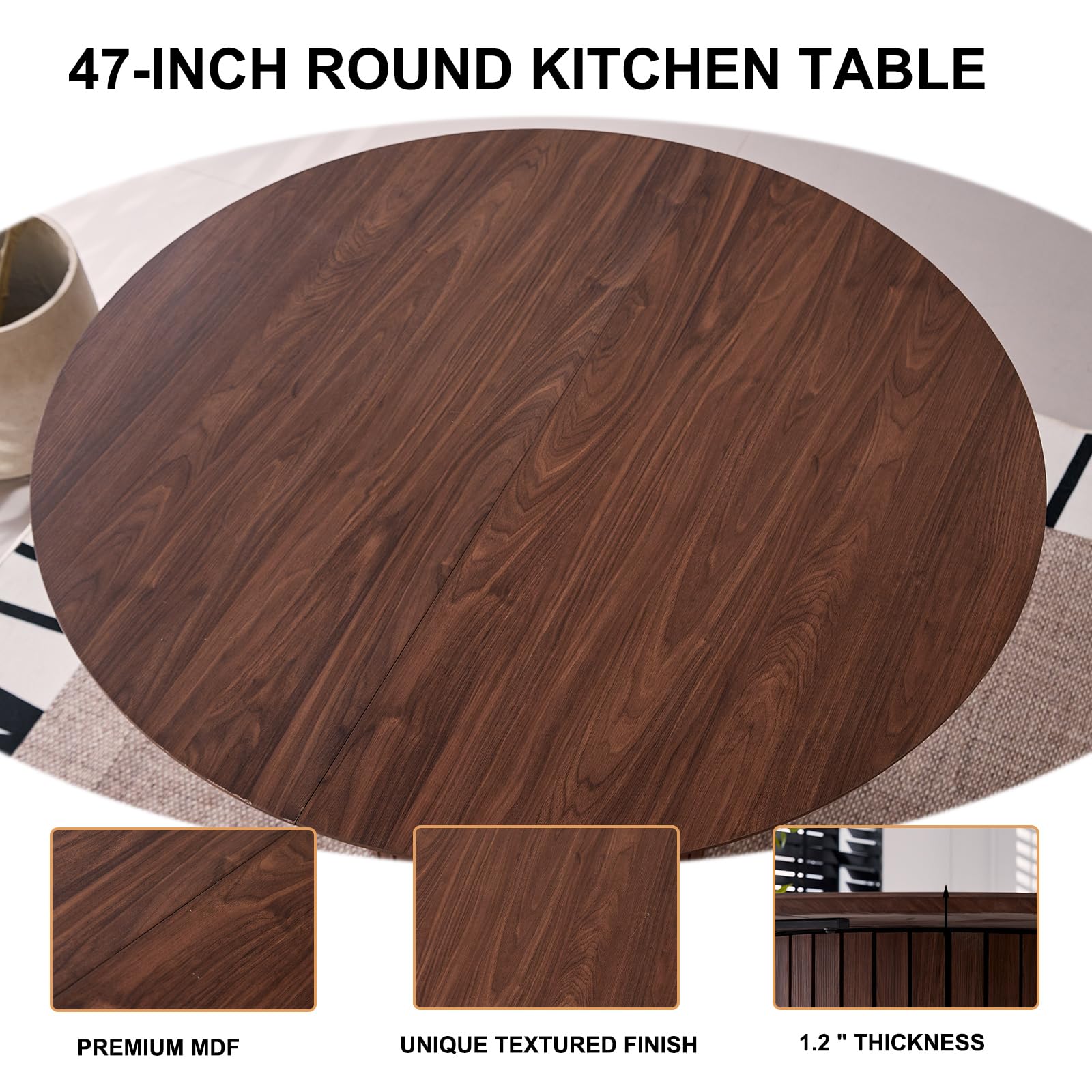 Lecafur HL 47" Round Wood Dining Table with 4 Chairs,Round Kitchen Table with Rattan Dining Chairs of Set 4,Modern Kitchen Table with Wood Strip Base for Kitchen Dinning,5-Piece Set - WoodArtSupply