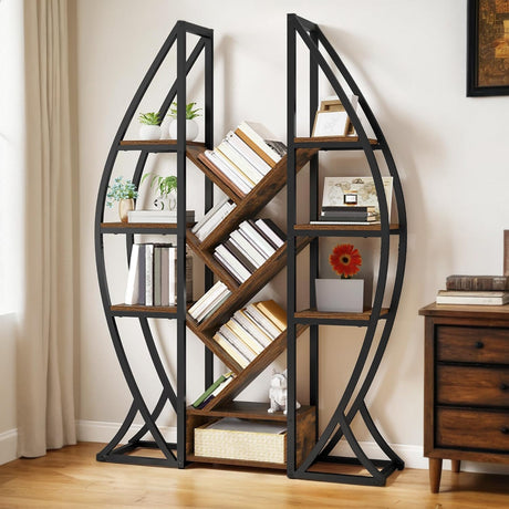 GOOBED Oval Bookshelf, Triple Wide 5 Tier Etagere Bookcase, Industrial Display Shelves Tree Bookshelf for Living Room, Bedroom, Home Office, Rustic Brown GOOBED