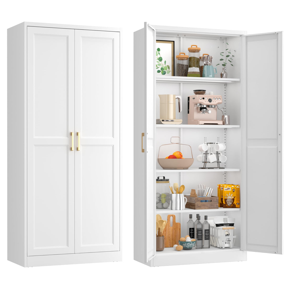 71" Kitchen Pantry Storage Cabinet,White Tall Storage Cabinet With Doors and Shelves,Metal Food Pantry Cabinets for kitchen storage,Freestanding Cupboard for Dining Living Room,Assemble Required TIMELESS PIECES