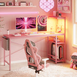 Bestier Gaming Desk with Power Outlets, 61 Inch Large Led Gamer Desk with 4 Tiers Reversible Shelves, PC Gaming Table with Headset Hook & Side Storage Bag for Bedroom (Pink 3D Carbon Fiber) Bestier
