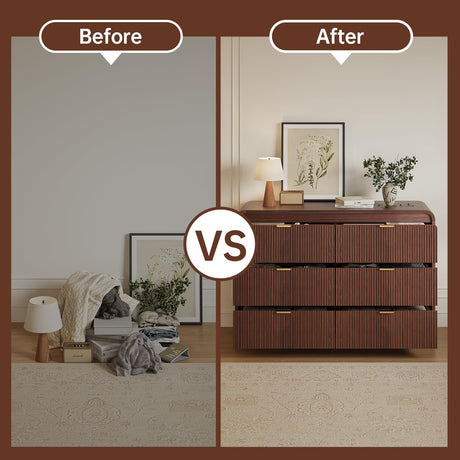 FURSUN Fluted 6 Drawers Dresser for Bedroom, 54" Wide Wooden Dresser with Metal Handle, Curved Profile Design, Modern Storage Organizer for Bedroom, Living Room, Hallway, Walnut FURSUN