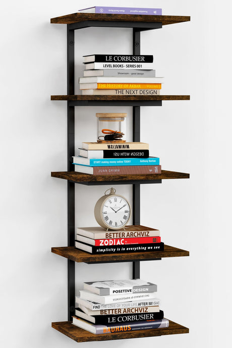 Harwaya 5 Tier Wall Bookshelf Unit for Bedroom Books, Large Floating Book Shelves Wall Mounted, Rustic Wood Lack Tiered Hanging Shelf for Kitchen Office Living Room Corner (Dark Brown) Harwaya