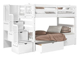 Bedz King Stairway Bunk Beds Twin over Twin with 3 Drawers in the Steps and 2 Under Bed Drawers, White Bedz King