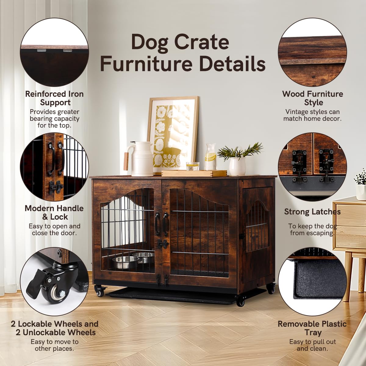 Snowtaros Dog Crate Furniture, Wooden Dog Kennel with 360° Rotatable Bowls, Heavy Duty Dog Crate with Double Doors, Dog Cage End Table Indoor with Removable Tray Swiveling Wheels for Small Medium Dogs Snowtaros