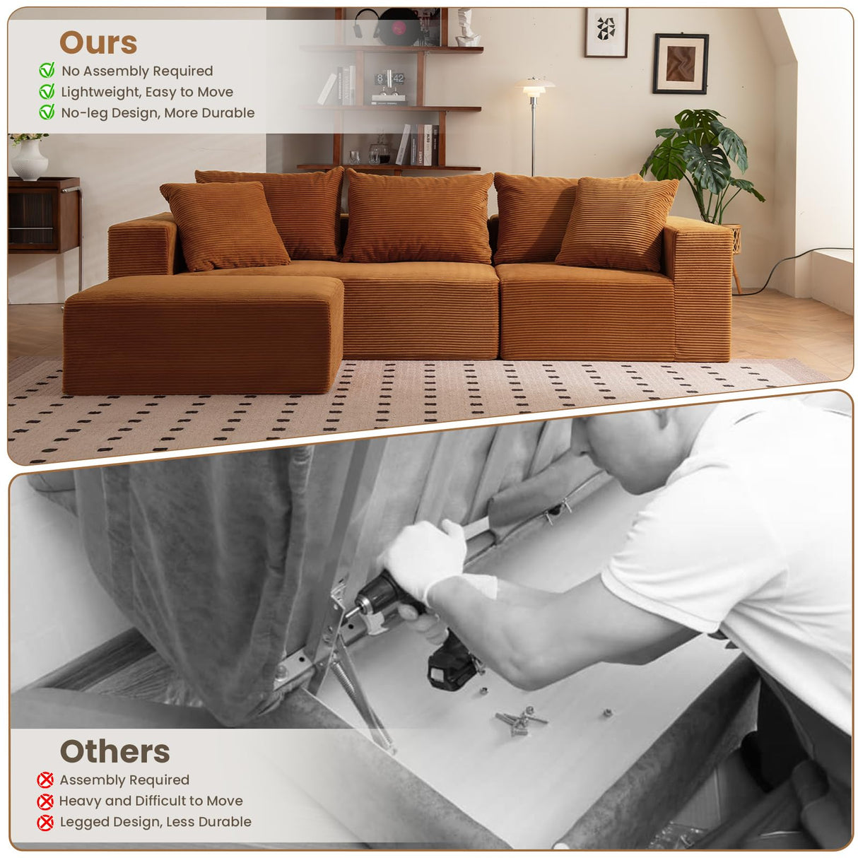 Modular Sectional Sofa, 108" L-Shaped Boneless Couch with Deep Seat, Corduroy Cloud Couch for Living Room, Bedroom, No Assembly Required, Ship in a Box, Orange RUMBALUXY