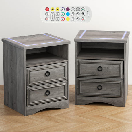 Night Stand Set of 2, Nightstands with LED Light, End Table Bedside Table with Wood Drawers, for Living Room, Bedroom, Sofa, Gray HolliWill