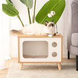 Cat House Wooden Condo Cat Bed Indoor TV-Shaped Sturdy Large Luxury Cat Shelter Furniture with Cushion Cat Scratcher Bell Ball Toys Rolife