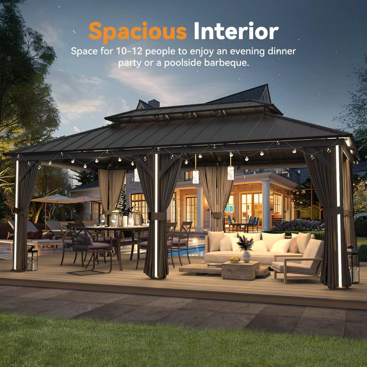 Modern Shade Hardtop Gazebo 12' x 20' Gazebo with 6 LED Lights, Outdoor Gazebo with Galvanized Steel Double Roof, Metal Gazebo with USB & USB-C Charging Port Deck, Netting and Curtains for Patios Modern Shade Outdoor Living Spaces