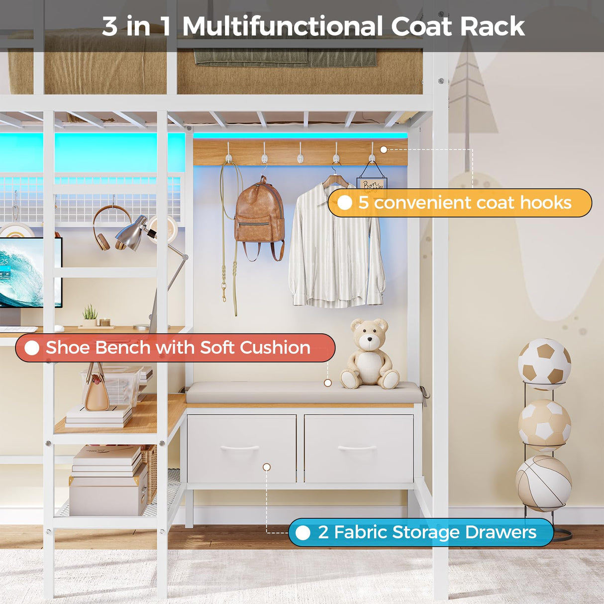 DICTAC Twin Loft Bed with L-Shaped Desk and Charging Station Twin Size Metal Bed Frame with LED Lights,Storage Shelves and Coat Rack with 2 Storage Drawers,Top Bunk with Safety Guard & Stair, White DICTAC