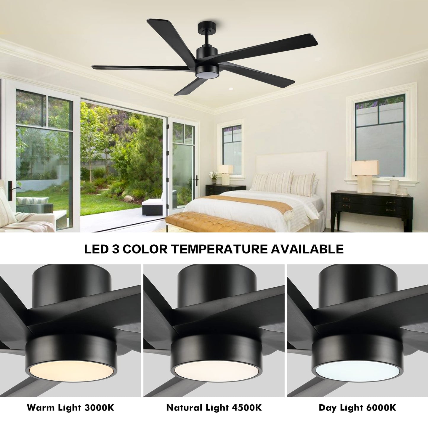 WINGBO 54" DC Ceiling Fan with Lights, 5 Carved Solid Wood Blades, 6-Speed Reversible DC Motor, Matte Black Finish Ceiling Fan with Remote, Black