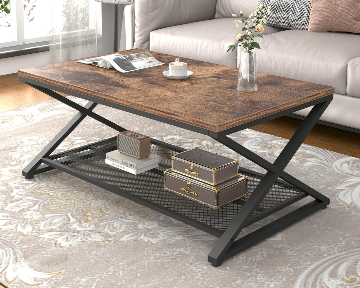 LVB Rustic Coffee Table, Industrial Metal Wood 2 Tier Cocktail Tea Table with Storage for Living Room, Farmhouse Wooden Rectangle Center Table with Mesh Shelf for Office Bedroom, 39 inch, Rustic Brown LVB