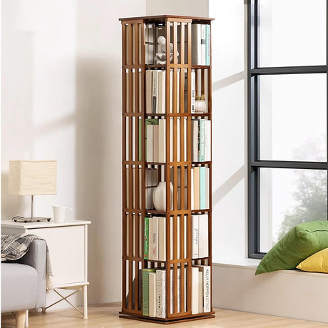 Lebolna 360° Bamboo Rotating Bookshelf Tower - 6 Tier Floor Standing Corner Shelf in Brown Lebolna