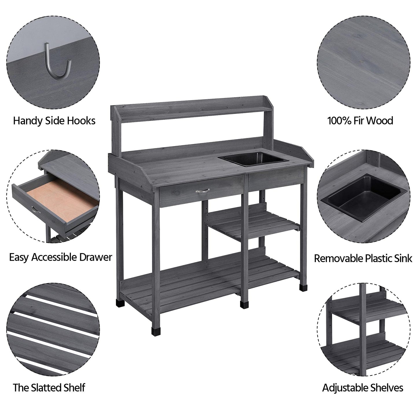 Yaheetech Outdoor Potting Bench Table Potters Benches Garden Workstation for Horticulture with Drawer/Adjustable Shelf Rack/Removable Sink/Hooks/Pads, Gray - WoodArtSupply