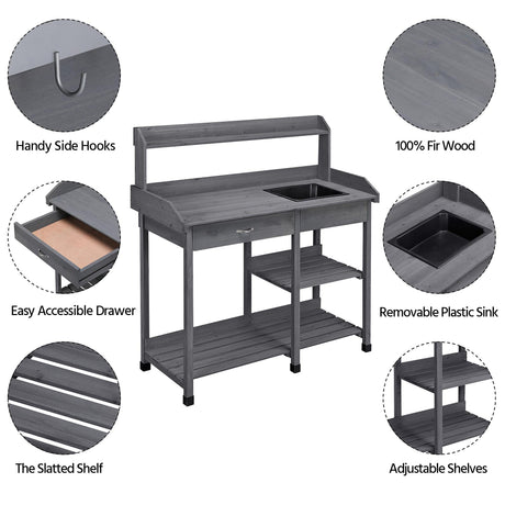 Yaheetech Outdoor Potting Bench Table Potters Benches Garden Workstation for Horticulture with Drawer/Adjustable Shelf Rack/Removable Sink/Hooks/Pads, Gray Yaheetech