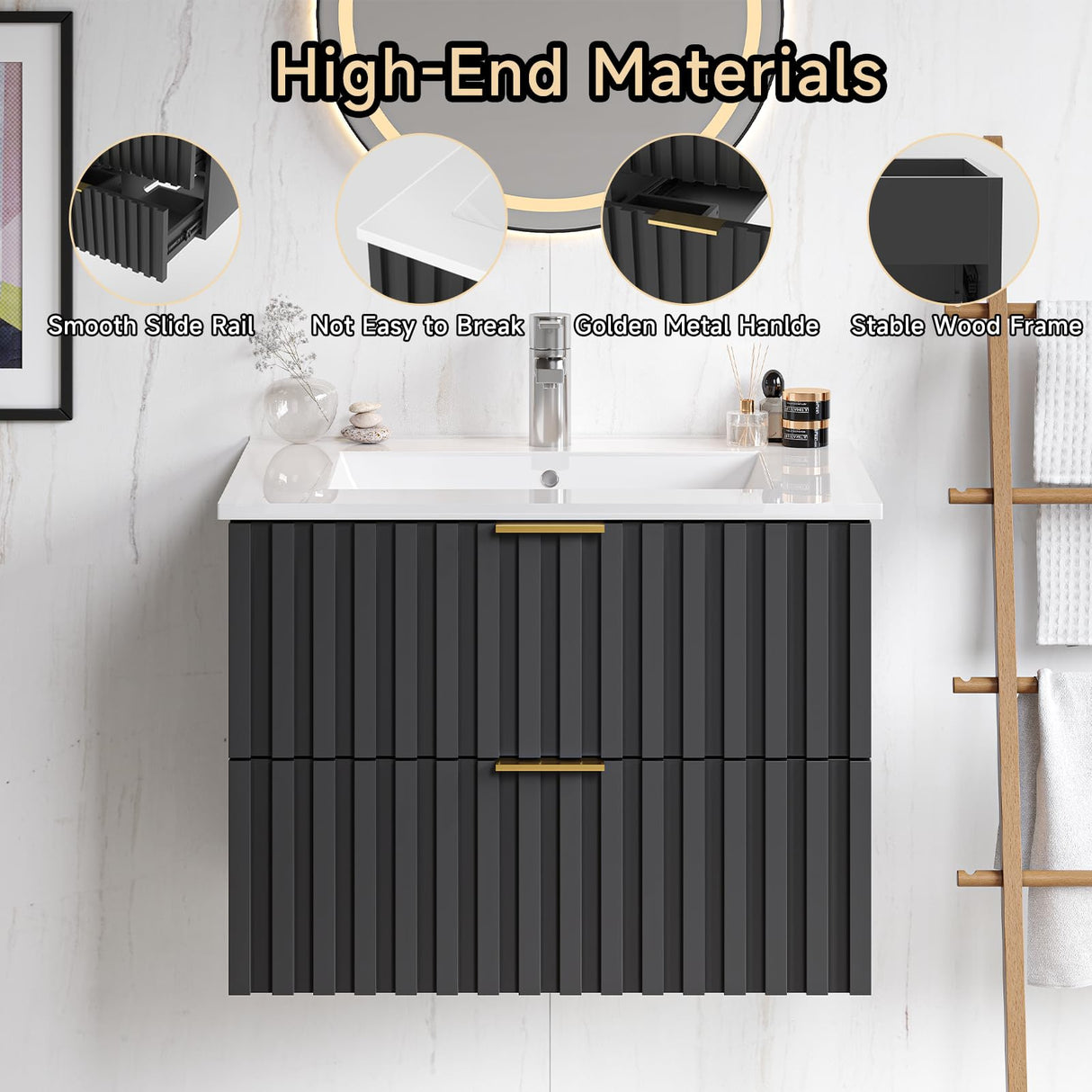 ONBRILL 24 Inch Bathroom Vanity with Sink Combo, Floating Bathroom Vanity with 2 Fluted Drawer & Metal Handles, Modern Wall Mount Bathroom Cabinet with Ceramic Integrated Sink for Small Space (Black) ONBRILL