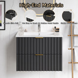 ONBRILL 24 Inch Bathroom Vanity with Sink Combo, Floating Bathroom Vanity with 2 Fluted Drawer & Metal Handles, Modern Wall Mount Bathroom Cabinet with Ceramic Integrated Sink for Small Space (Black) ONBRILL