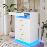 BTHFST White Dresser with LED Lights, Floating Tall Dresser with 5 Large Drawers & Open Storage Space & Pull Out Tray, Chest of Drawers, 5 Drawer Dresser Wood for Bedroom, Living Room BTHFST