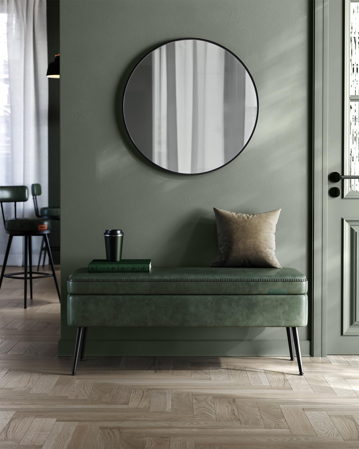 VASAGLE EKHO Collection - Storage Ottoman Bench, Entryway Bedroom Bench, 15 Gallons, Synthetic Leather with Stitching, Mid-Century Modern, Safety Hinges, Loads 660 lb, Forest Green ULOM074C01 VASAGLE