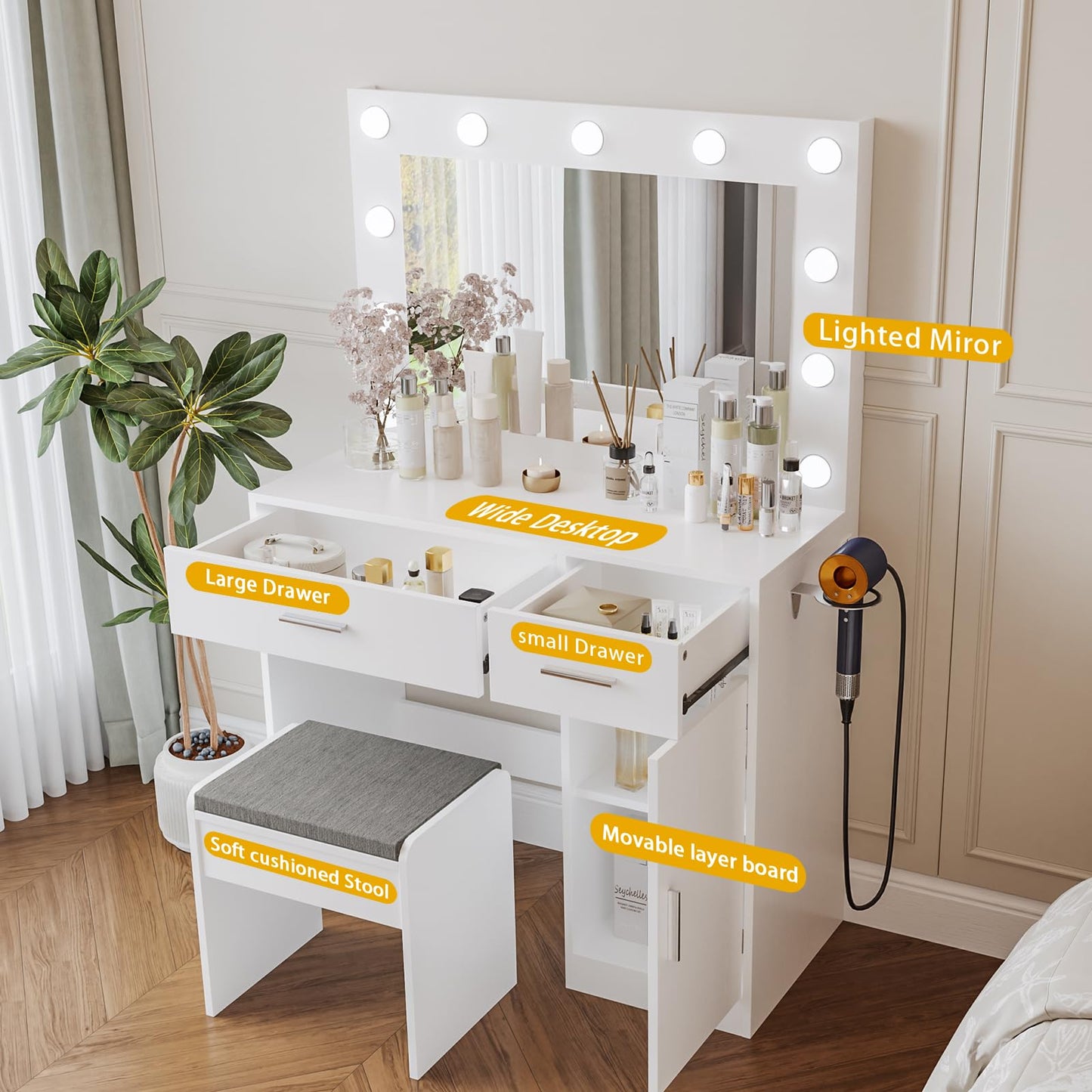 Viaozutis Vanity, Vanity Desk with Mirror, Large Drawer and Power Socket with 11 Light Bulbs and 3 Adjustable Lighting Modes, Vanity Table Ideal for Bedroom (White)