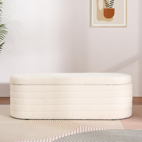 OuchTek Teddy Storage Ottoman Bench Modern Upholstered Storage Bench Sherpa Window Entryway Bench Oval White Ottoman with Storage for Living Room Bedroom Bench End of Bed OuchTek