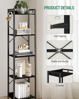 Hzuaneri Bookshelf, Book Shelf, Industrial Bookcase with 2 Hooks, Coner Shelf Storage Organizer for Home Office, Living Room, Bedroom, Kitchen, 5-Tier Black BC10504B Hzuaneri