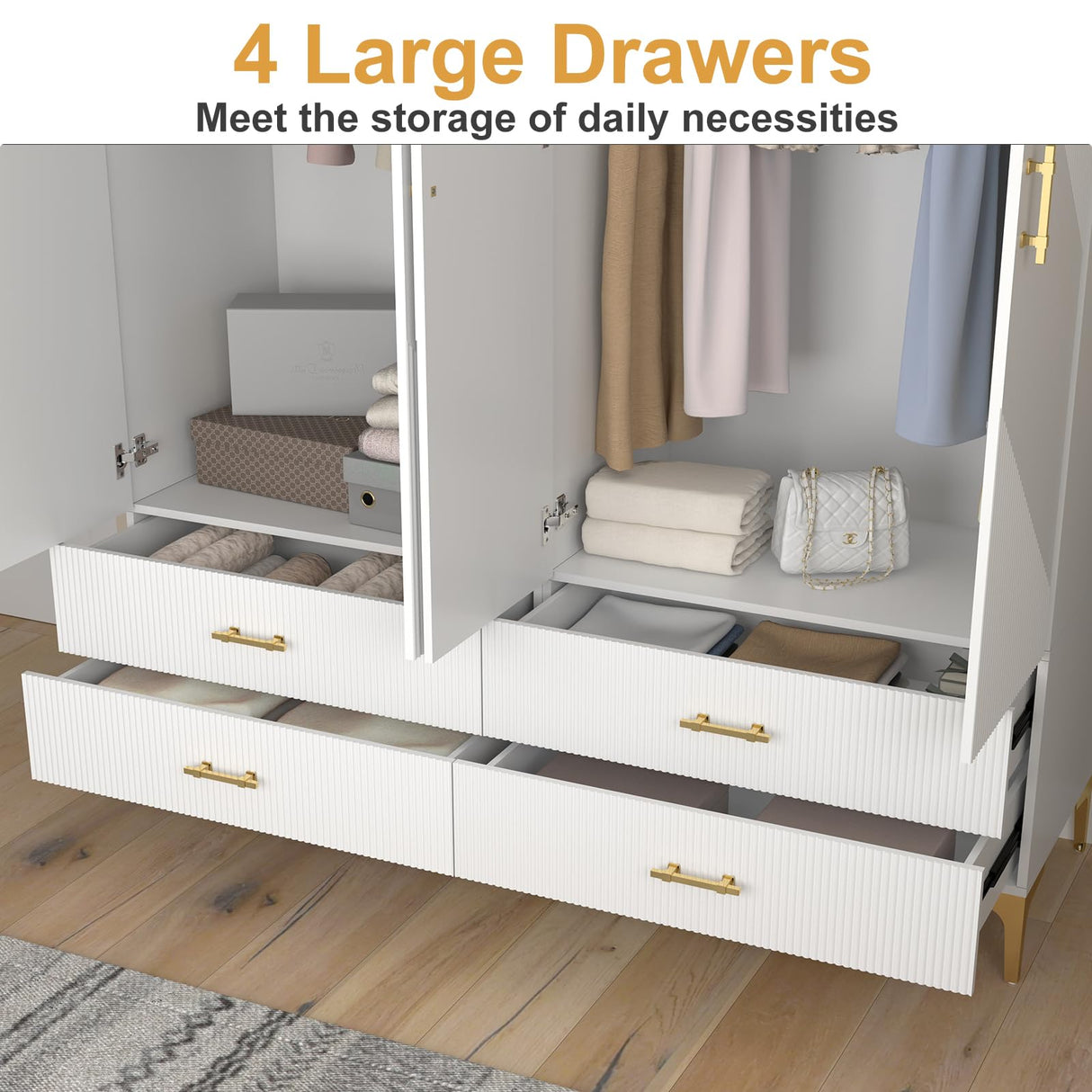 vinform Wardrobe Armoire with 4 Doors, 4 Drawers and 2 Hanging Rods, Twill Wood Closet Storage with Metal Cabinet Legs, White 20.4" D x 63" W x 76.77" H (V Modern) vinform