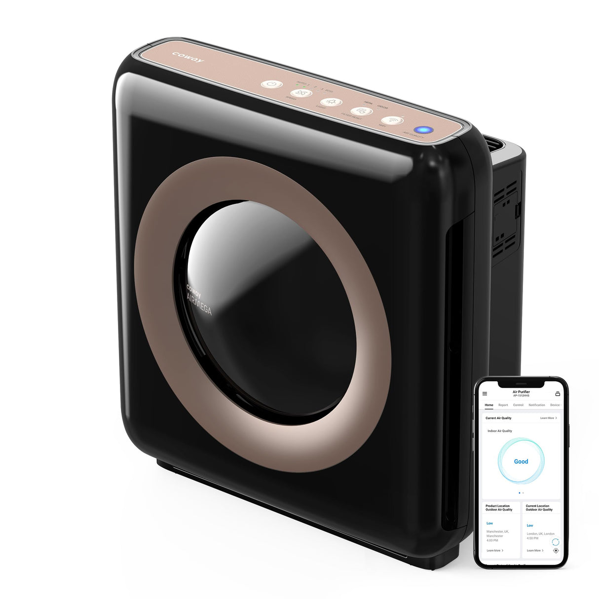 Coway Airmega AP-1512HHS App-Enabled Smart Technology, Compatible with Amazon Alexa True HEPA Air Purifier, Black/Bronze Coway