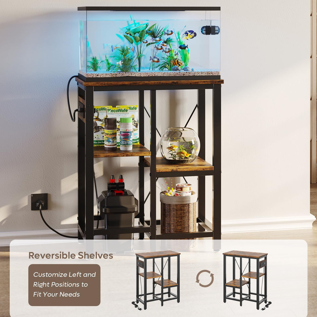 Bestier 10 Gallon Fish Tank Stand with Power Outlet, 20.3x10.6 Metal Aquarium Stand, 6-Leg Reptile Tank Stand with 3-Tier Adjustable Storage Shelves, 264LBS Capacity，Rustic Brown Bestier