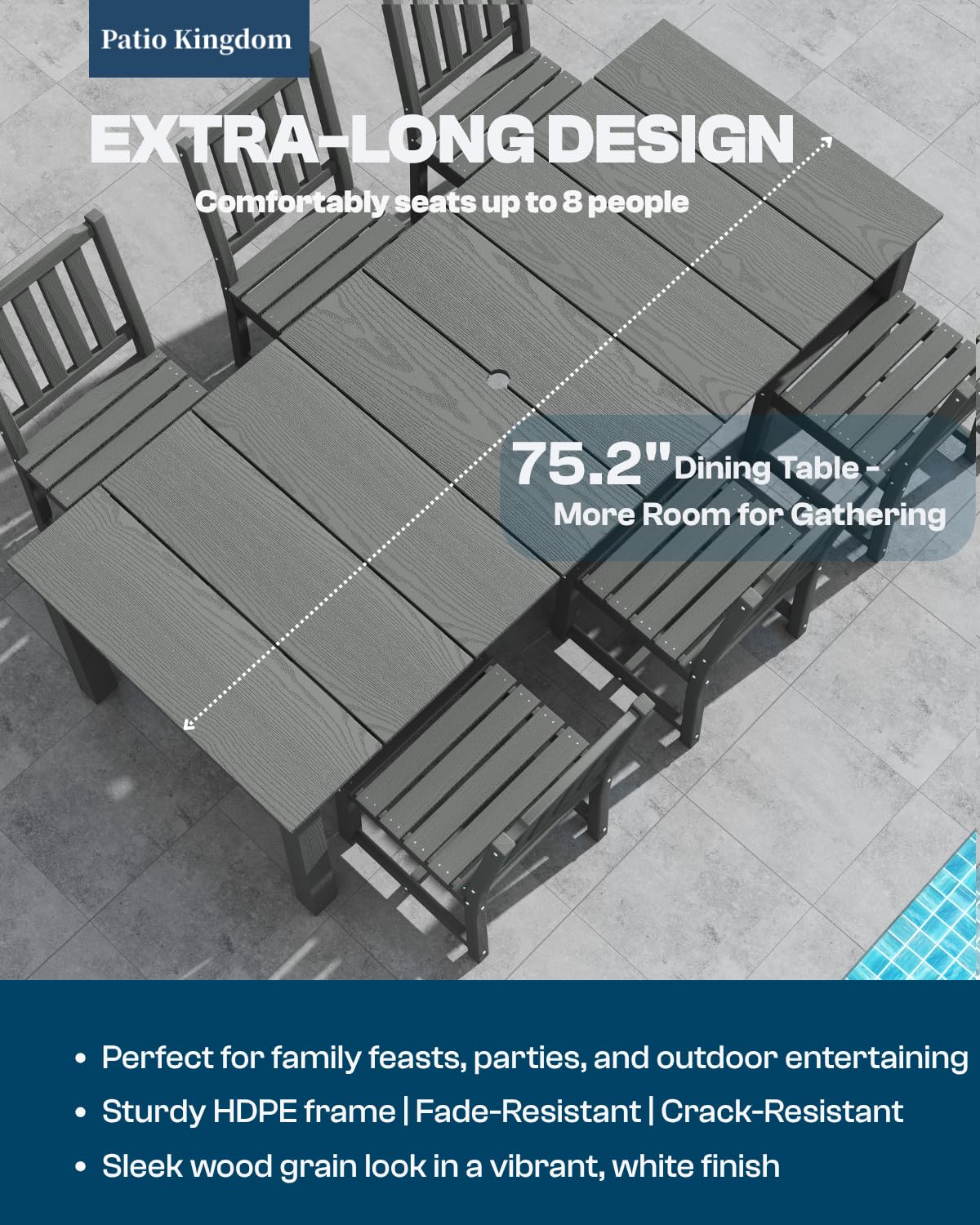 Patio Kingdom 5-Piece Outdoor Dining Set for 4, 75.2'' HDPE Table with Umbrella Hole & Chairs, Weather-Resistant Patio Furniture for Garden, Lawn, or Poolside (Grey) Patio Kingdom