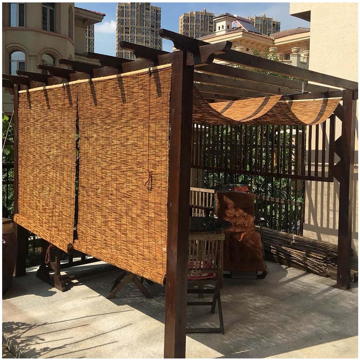 Cordless Bamboo Blackout Blinds for 20-75in Wide Windows Shades, 48-84in Length, Outdoor Bamboo Roller Blinds for Porch or Patio Sun Shades Privacy Protection Roll Up Shades(31x64in(WxH)) ZFSYMGYL