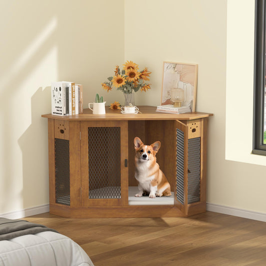 Corner Dog Crate Furniture Style, 45 Inch Wooden Corner Dog Kennel with Mesh Doors, Corner TV Stand Side End Table for Small Medium Dogs, Decorative Pet Cage for Living Room, Bedroom, Indoor Use