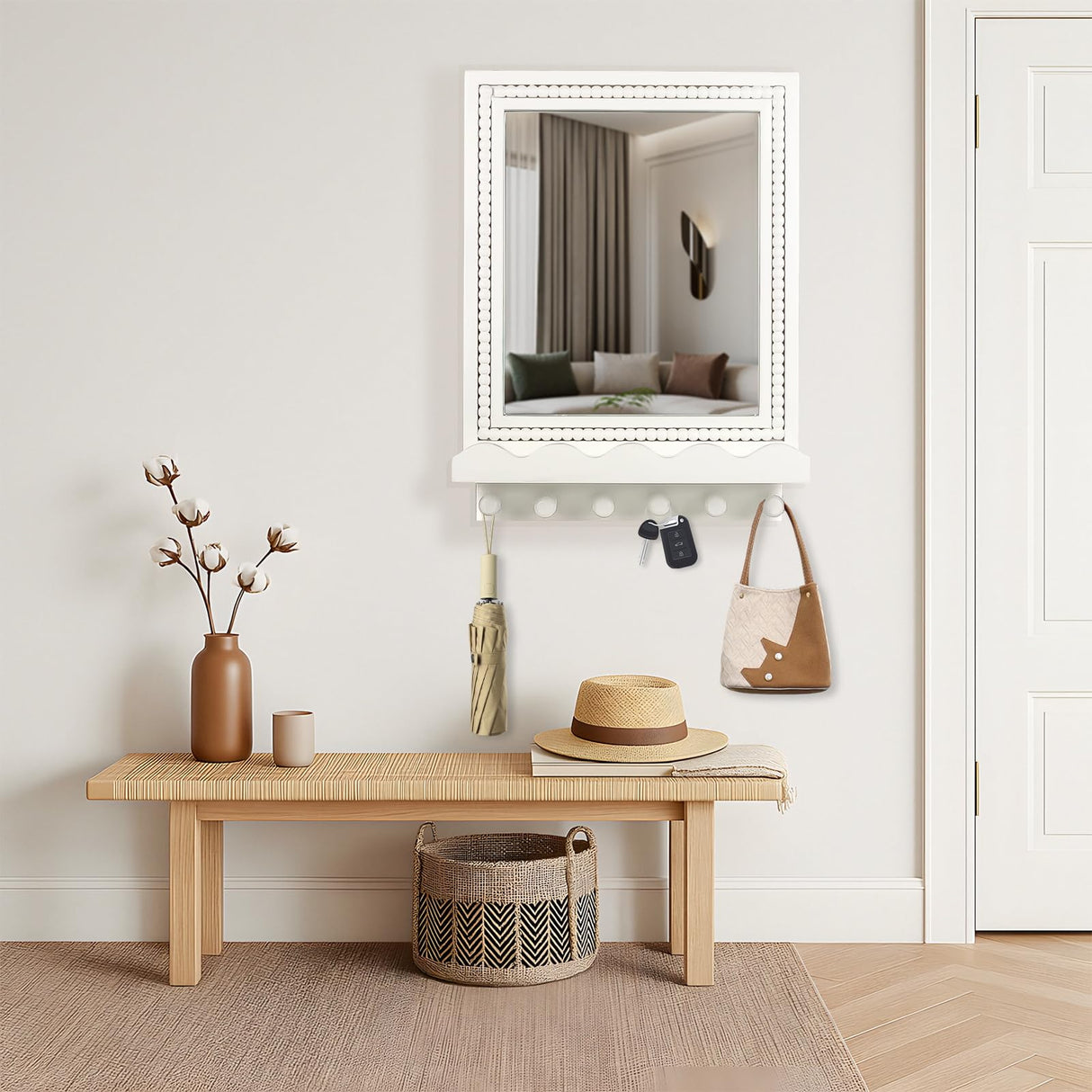 Tirzah 16x12 Inch Wall Mount Beaded Wood Framed Mirror with Shelf and 6 Hooks, White Decorative Entryway Mirror with Storage for Laundry Room, Bathroom, Bedroom Tirzah