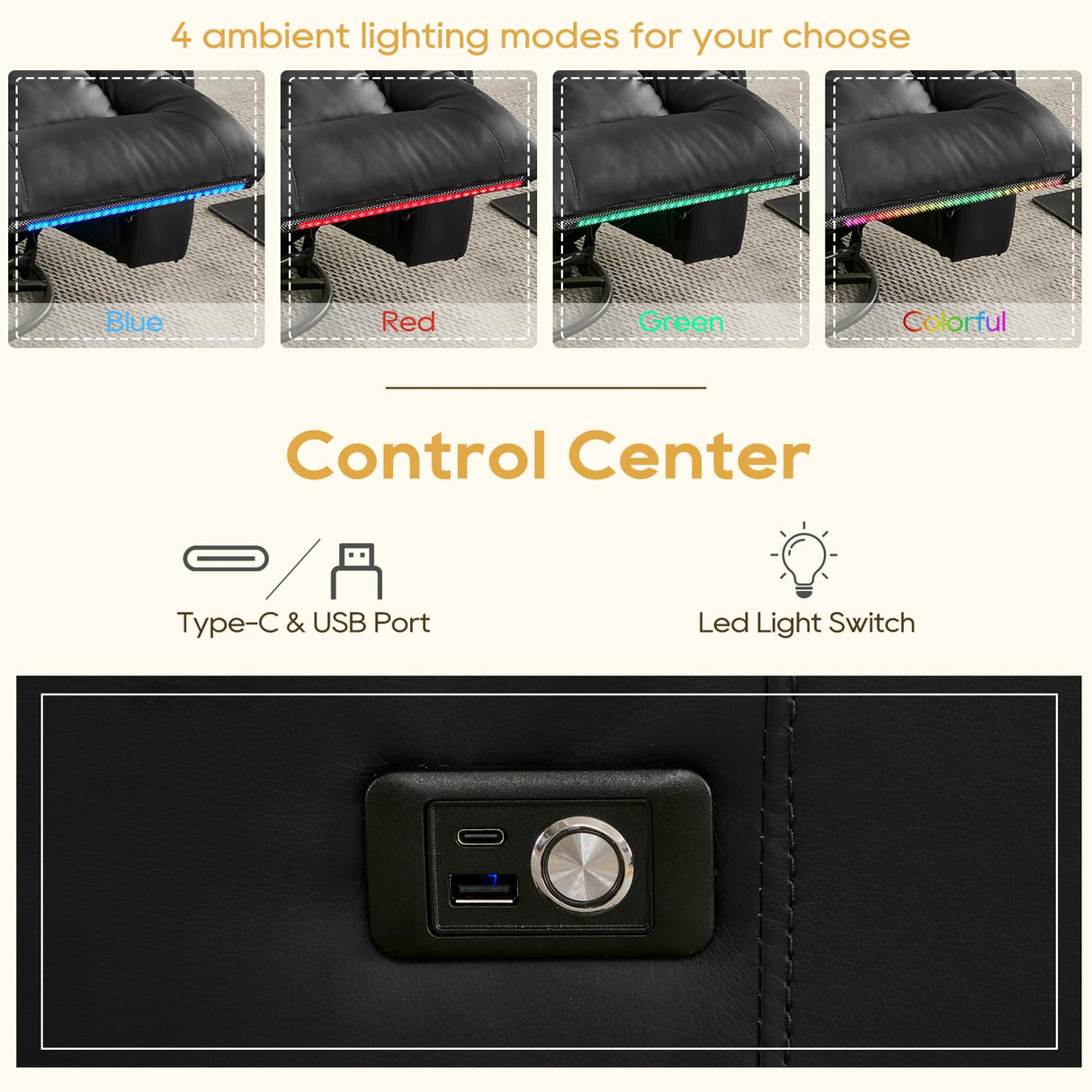 IPKIG Manual Swivel Rocker Recliner Chair with LED Lights, Side Pocket, Cup Holder, Dual-Use Pillow, Faux Leather Glider Rcking Chair Nursery for Living Room, Bedroom, Office, Black IPKIG