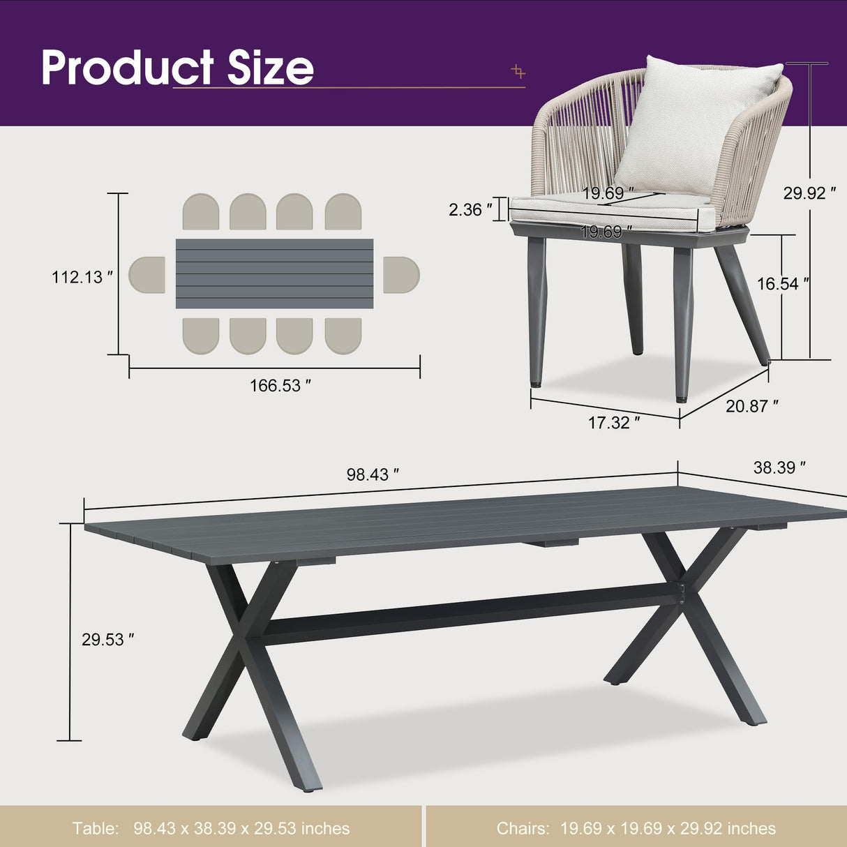 PURPLE LEAF 11 Pieces Patio Dining Set Wicker Outdoor Furniture Rectangular Table and Chairs Set for Garden Deck Aluminum Frame Backyard Kitchen Set, Cushions and Pillows Included Taupe PURPLE LEAF