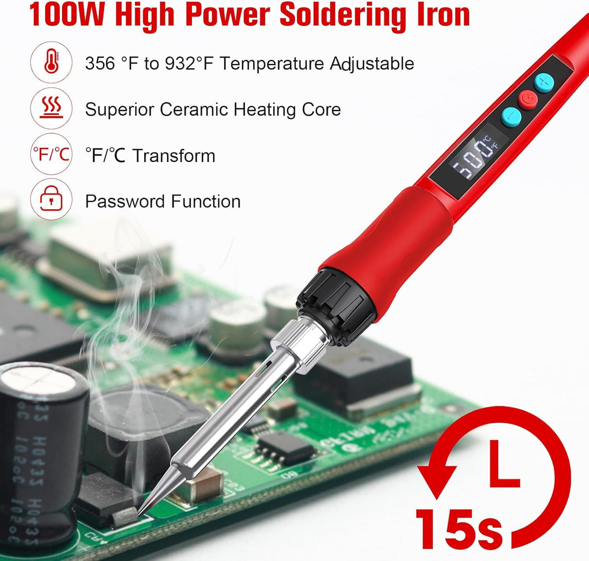 Soldering Iron Kit, 100W LED Digital Solder Gun kits with Ceramic Heater, Adjustable Temperature Welding Tools with Tips, Wick Braid, Stand, Solders Wire, Sponge, Flux Paste, Red Q-MING