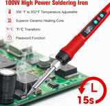 Soldering Iron Kit, 100W LED Digital Solder Gun kits with Ceramic Heater, Adjustable Temperature Welding Tools with Tips, Wick Braid, Stand, Solders Wire, Sponge, Flux Paste, Red Q-MING