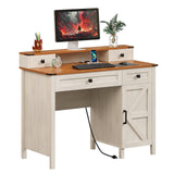 Trironsun Farmhouse Executive Desk with 4 Drawers Charging Station Large Home Office Desk with Storage Cabinet Rustic Computer Writing Desk for Work Study (Antique White) Trironsun