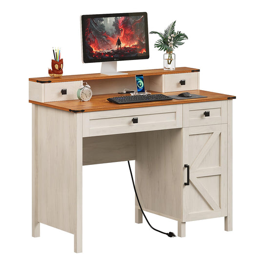 Trironsun Farmhouse Executive Desk with 4 Drawers Charging Station Large Home Office Desk with Storage Cabinet Rustic Computer Writing Desk for Work Study (Antique White)