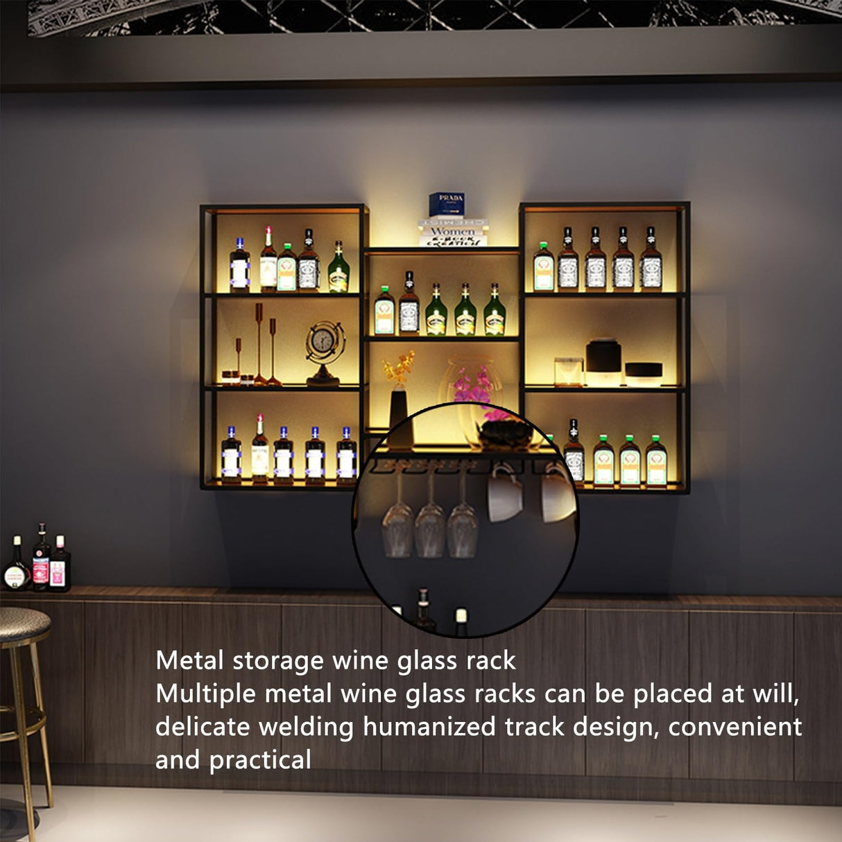 SEIFE Suspended metal display shelf ，living room liquor cabinet for wall，metal bar shelves with led light，liquor wall shelf with wine glass rack，Living room, bar, kitchen, restaurant(150cm/59in) SEIFE