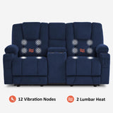 MCombo 74.4" Zero Gravity Power Loveseat Recliner with Console, Heat and Vibration Massage, Reclining Loveseat Sofa with USB Ports, Cup Holders for Living Room, Fabric 6035SET (Navy Blue) MCombo